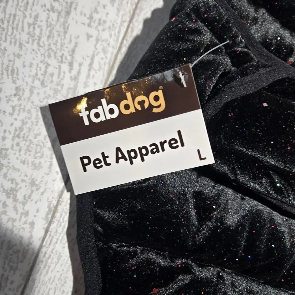 Fab Dog Pet Apparel Soft Velvety Puffer Coat Jacket Black Rainbow Sparkles L